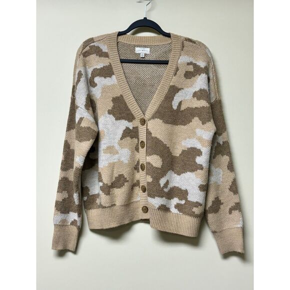 LUCKY BRAND Camo Cardigan in Natural Multi, Wool Blend, Sz L - Picture 3 of 12